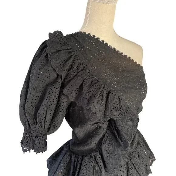 Ulla Johnson Twyla Dress in noir black size 8 one shoulder cotton eyelet midi 6 - Picture 4 of 11